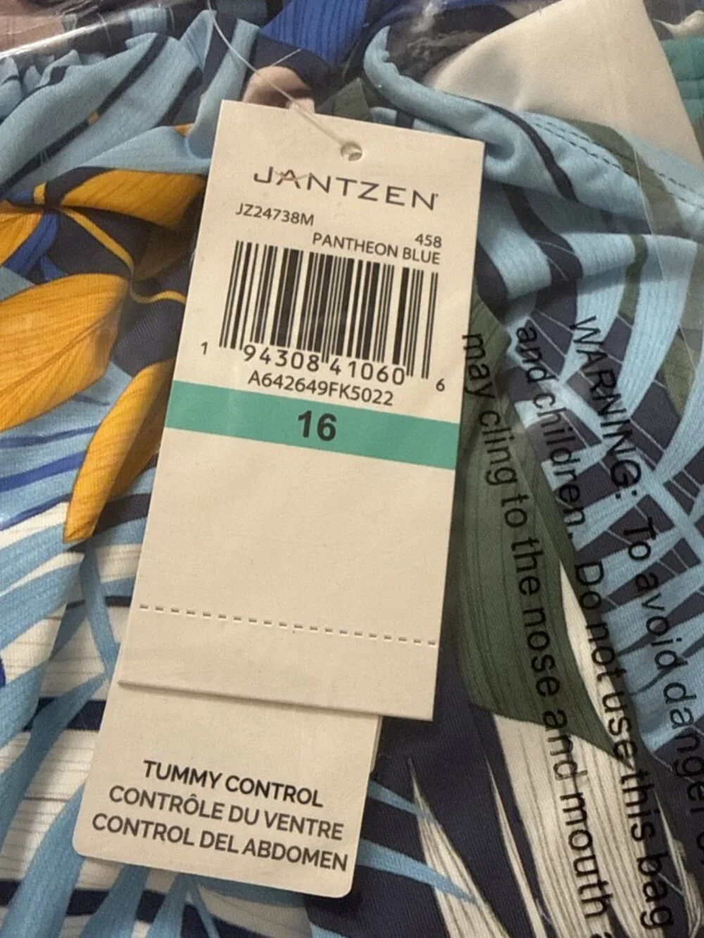 New Jantzen Size 16 Jolie One-Piece Blue Palm Floral Bathing suit Swim Suit NWT